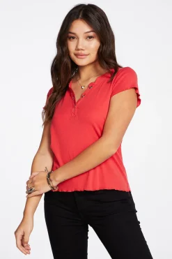 Best Sale Baby Rib Short Sleeve Cropped Henley Tee Women Tops