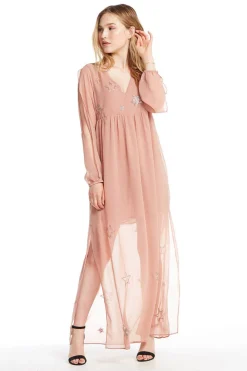 Fashion BEADED STAR L/S V NECK MAXI DRESS Women Dresses|Tops