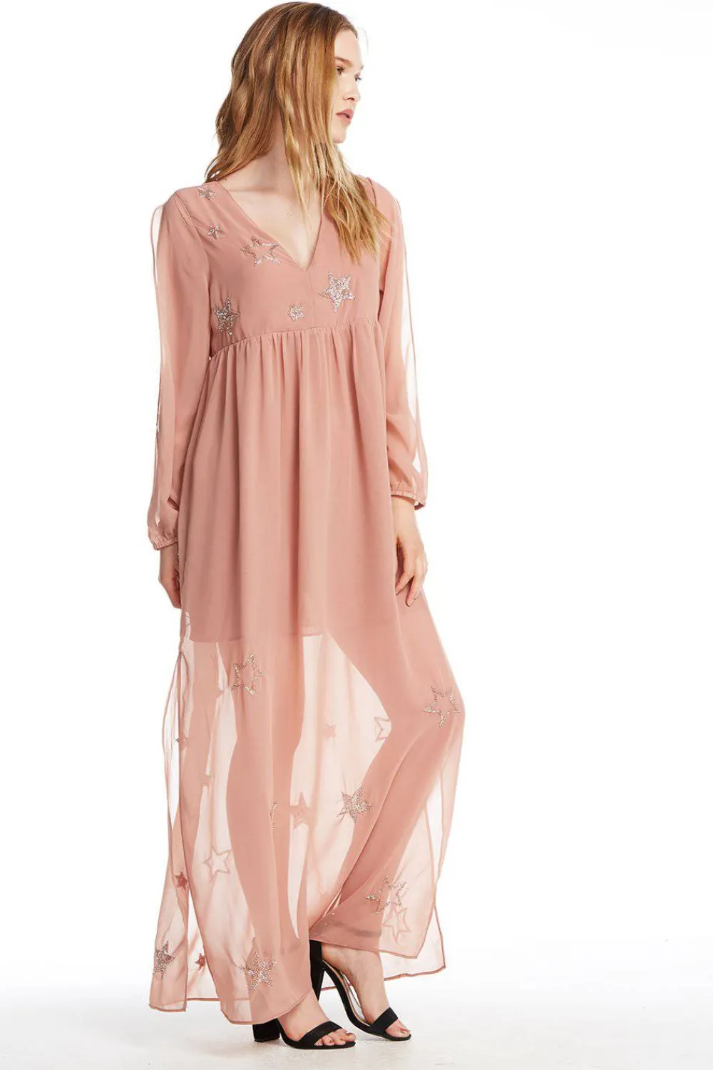 Fashion BEADED STAR L/S V NECK MAXI DRESS Women Dresses|Tops