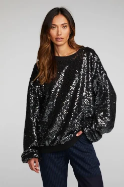 Best Sale Cotton Fleece Allover Sequin Crewneck Pullover Women Tops