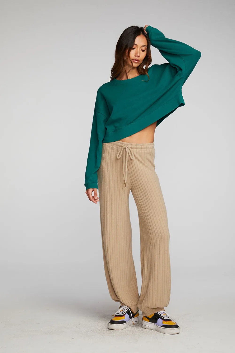 Cheap Cotton Fleece Cropped Crewneck Pullover With Rib Women Tops
