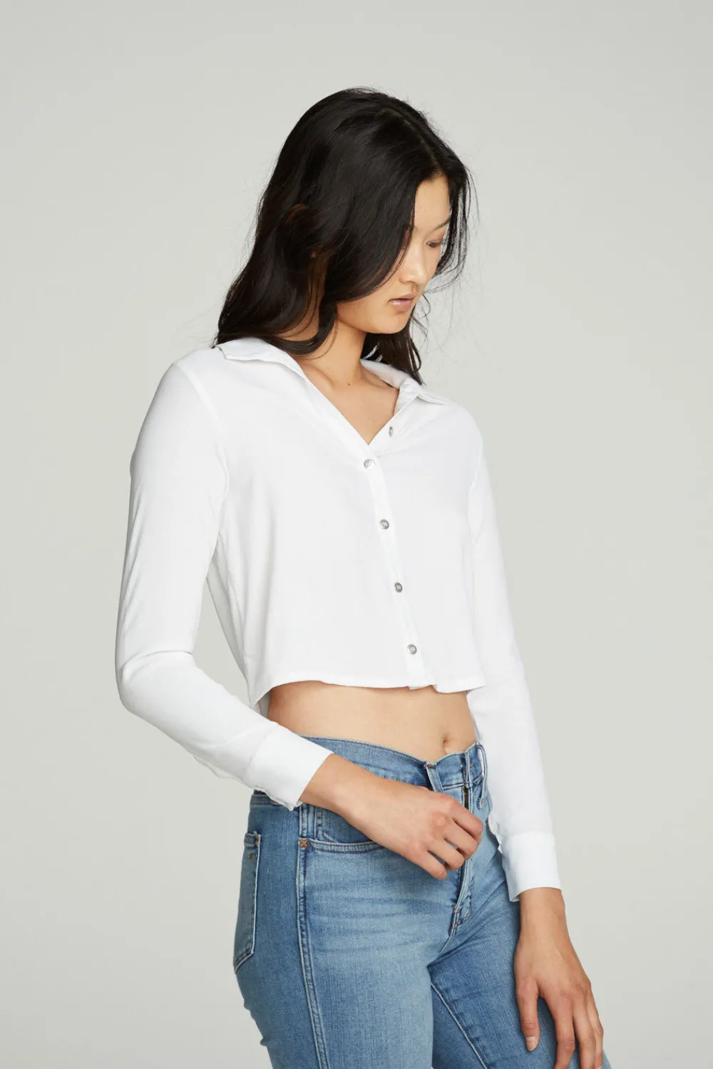 Cheap Cropped Long Sleeve Button Down Shirt Women Tops