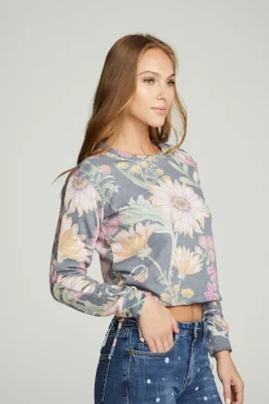 Online Drawstring Shirred Long Sleeve Cropped Pullover Women Tops