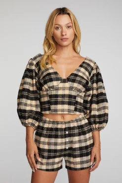 Discount Flannel Puff Sleeve Cropped Blouse Women Loungewear|Tops