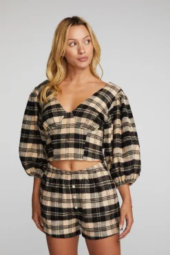 Discount Flannel Puff Sleeve Cropped Blouse Women Loungewear|Tops