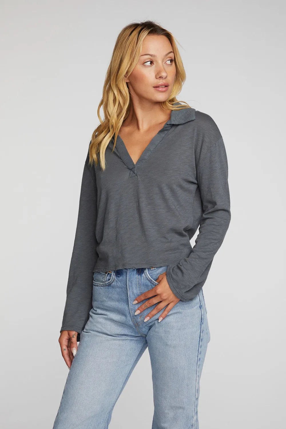 Shop Gauze Jersey Cropped Polo With Distressed Detail Long Sleeve Women Loungewear|Tops