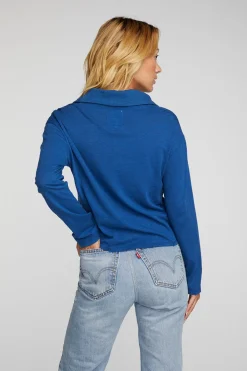 Cheap Gauze Jersey Cropped Polo With Distressed Detail Long Sleeve Women Loungewear|Tops