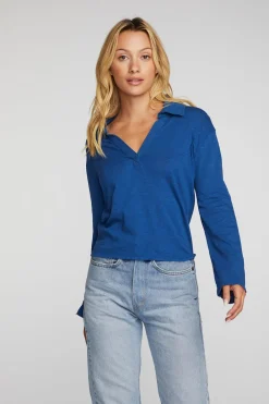 Cheap Gauze Jersey Cropped Polo With Distressed Detail Long Sleeve Women Loungewear|Tops
