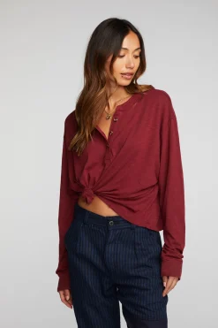Cheap Gauze Jersey Long Sleeve Henley With Deconstructed Bottom Hem Women Loungewear|Tops