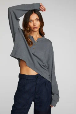 Discount Gauze Jersey Long Sleeve Henley With Deconstructed Bottom Hem Women Loungewear|Tops