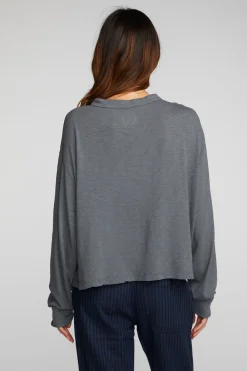 Discount Gauze Jersey Long Sleeve Henley With Deconstructed Bottom Hem Women Loungewear|Tops
