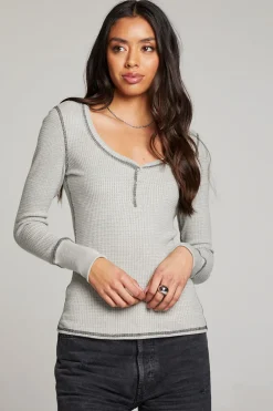 Best Sale Heather Grey Long Sleeve Henley Women Loungewear|Tops