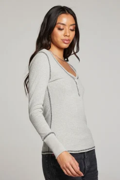 Best Sale Heather Grey Long Sleeve Henley Women Loungewear|Tops