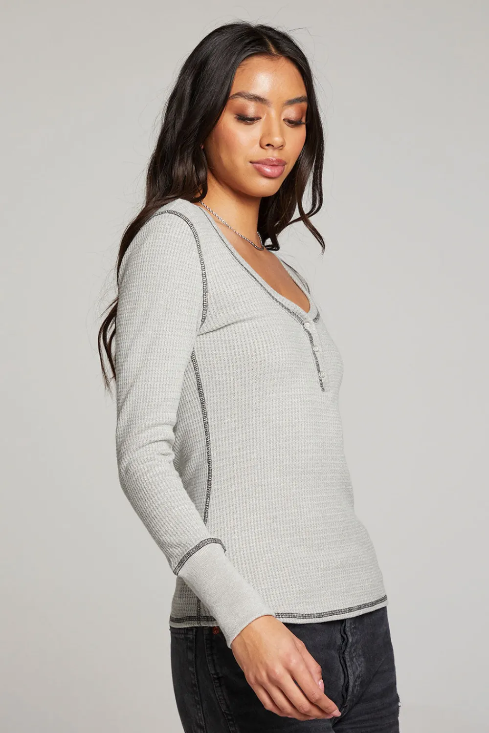 Best Sale Heather Grey Long Sleeve Henley Women Loungewear|Tops