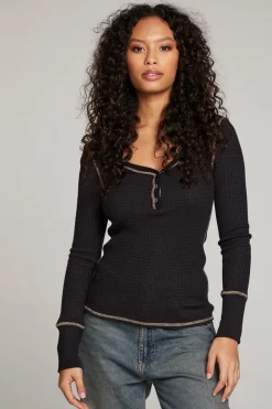 Cheap Licorice Long Sleeve Henley Women Loungewear|Tops