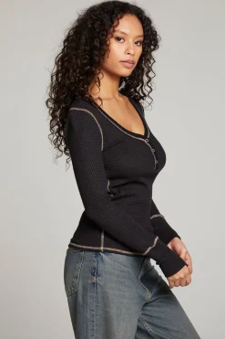 Cheap Licorice Long Sleeve Henley Women Loungewear|Tops