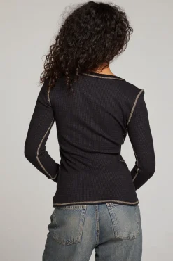 Cheap Licorice Long Sleeve Henley Women Loungewear|Tops