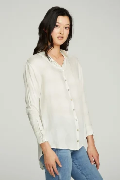 Cheap Long Sleeve Drop Shoulder Hi Lo Button Down Shirttail Tunic Women Tops
