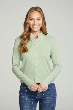 Fashion Long Sleeve Snap Front Mock Neck Tee Women Tops
