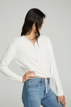 Outlet Long Sleeve Zipper Mock Neck Semi Cropped Tee Women Tops