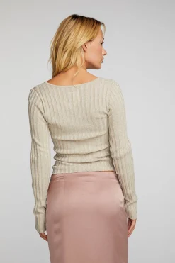 Discount Lurex Rib Knit Long Sleeve Top With Open Keyhole Women Tops
