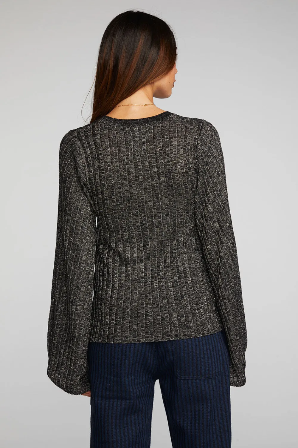Fashion Lurex Rib Knit Long Sleeve Tunic Women Tops
