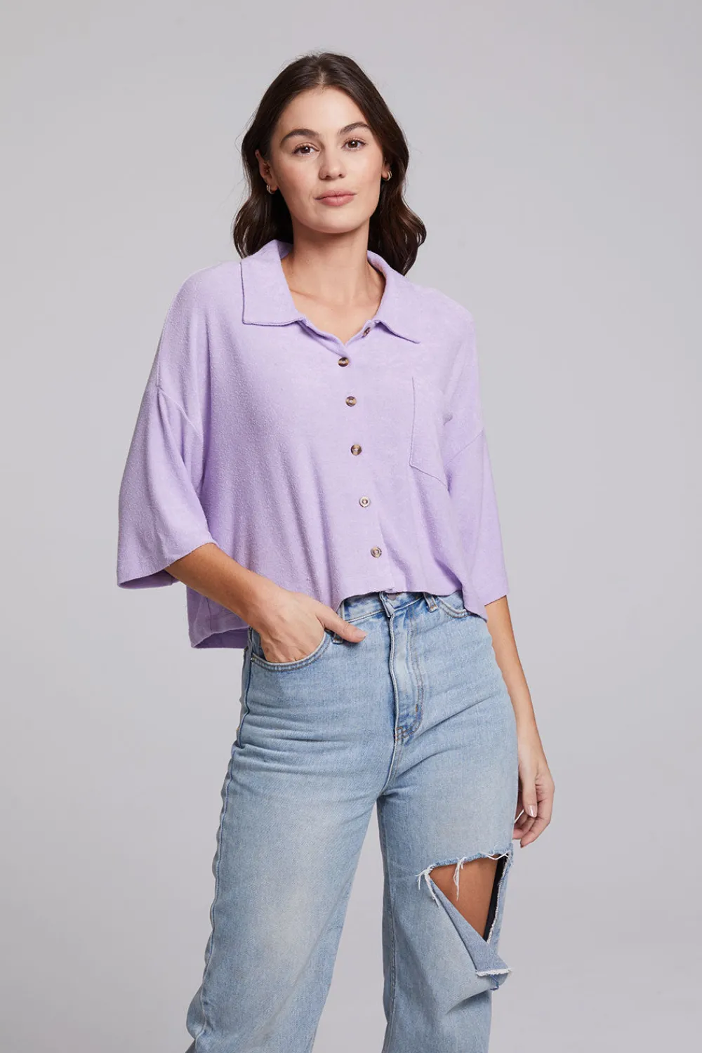 Hot Marine Crop Button Down - Digital Lavender Women Loungewear|Tops