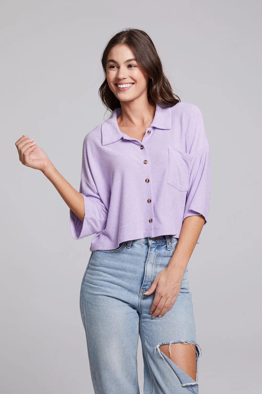 Hot Marine Crop Button Down - Digital Lavender Women Loungewear|Tops