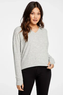 Fashion Poor Boy Rib V Neck Thumbhole Pullover Hoodie Women Outerwear|Tops