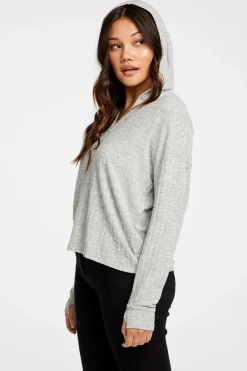 Fashion Poor Boy Rib V Neck Thumbhole Pullover Hoodie Women Outerwear|Tops