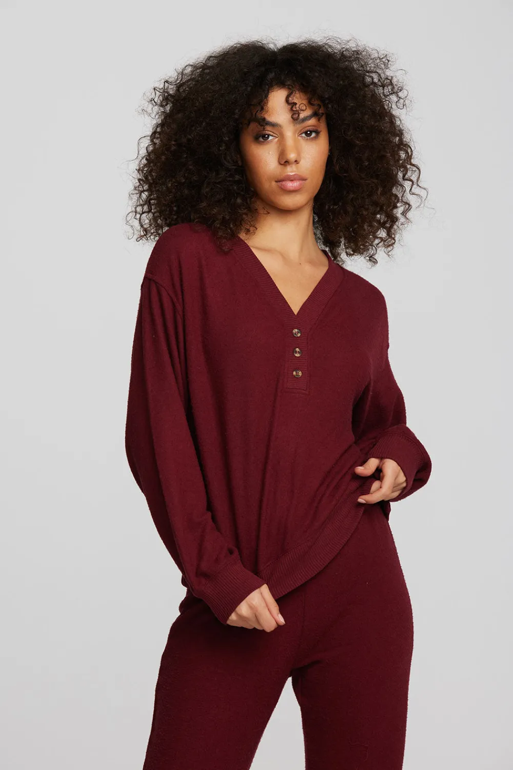 New Recycled Bliss Knit Long Sleeve Henley With Rib Women Loungewear|Tops