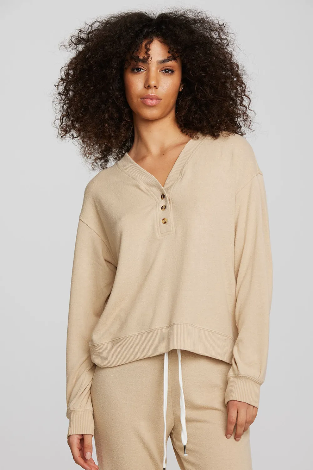 Cheap Recycled Bliss Knit Long Sleeve Henley With Rib Women Loungewear|Tops