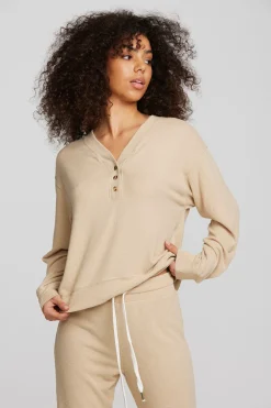 Cheap Recycled Bliss Knit Long Sleeve Henley With Rib Women Loungewear|Tops