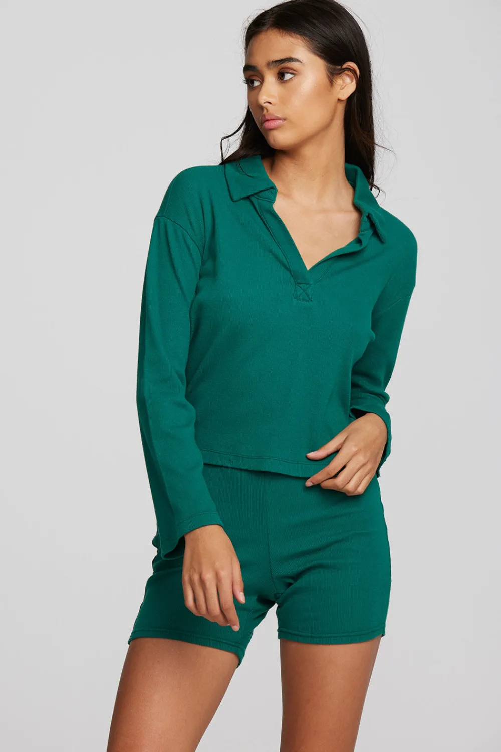Flash Sale Recycled Vintage Rib Cropped Polo With Distressed Detail Long Sleeve Women Tops