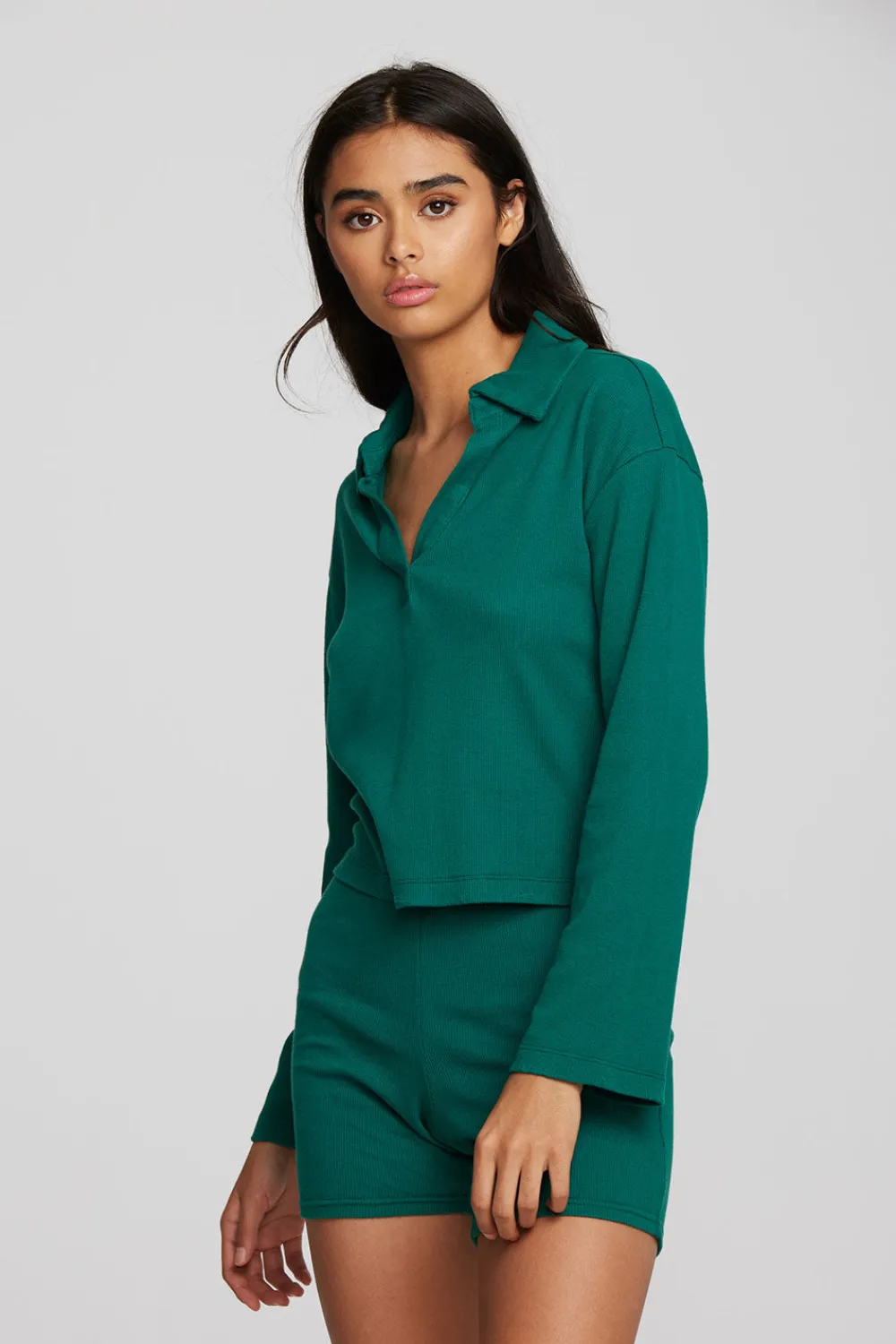 Flash Sale Recycled Vintage Rib Cropped Polo With Distressed Detail Long Sleeve Women Tops