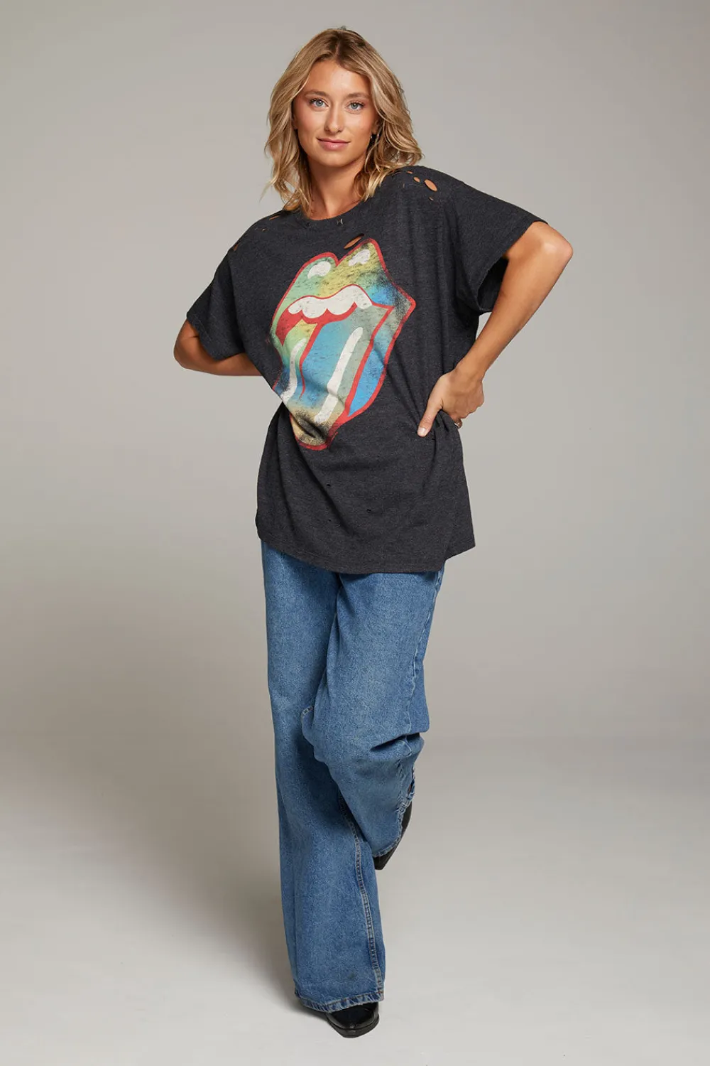 Best Sale Rolling Stones Classic Logo Distressed Tee Women Loungewear|Music