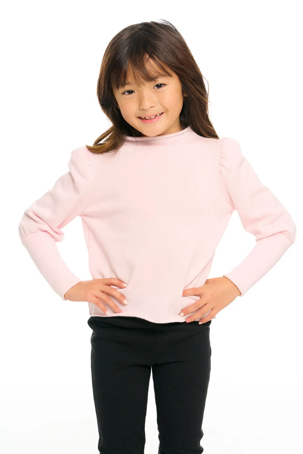 Cheap Semi Cropped Hi Lo Mock Neck Puff Sleeve Pullover Kids Girls