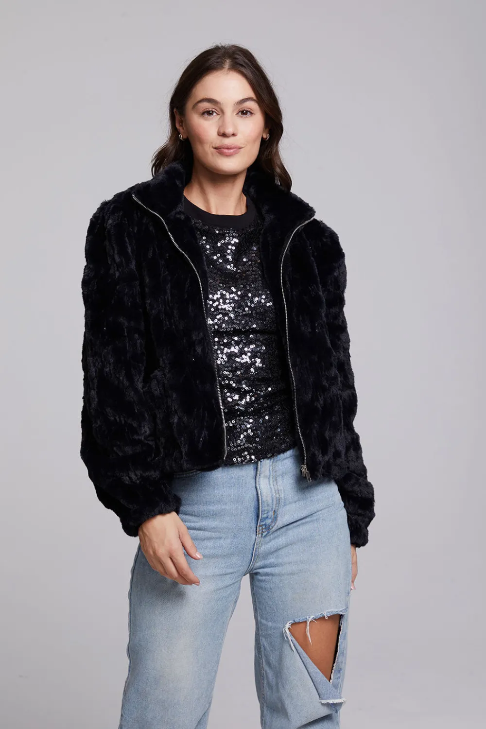 Cheap Sequin Faux Fur Puff Sleeve Jacket Women Outerwear|Loungewear
