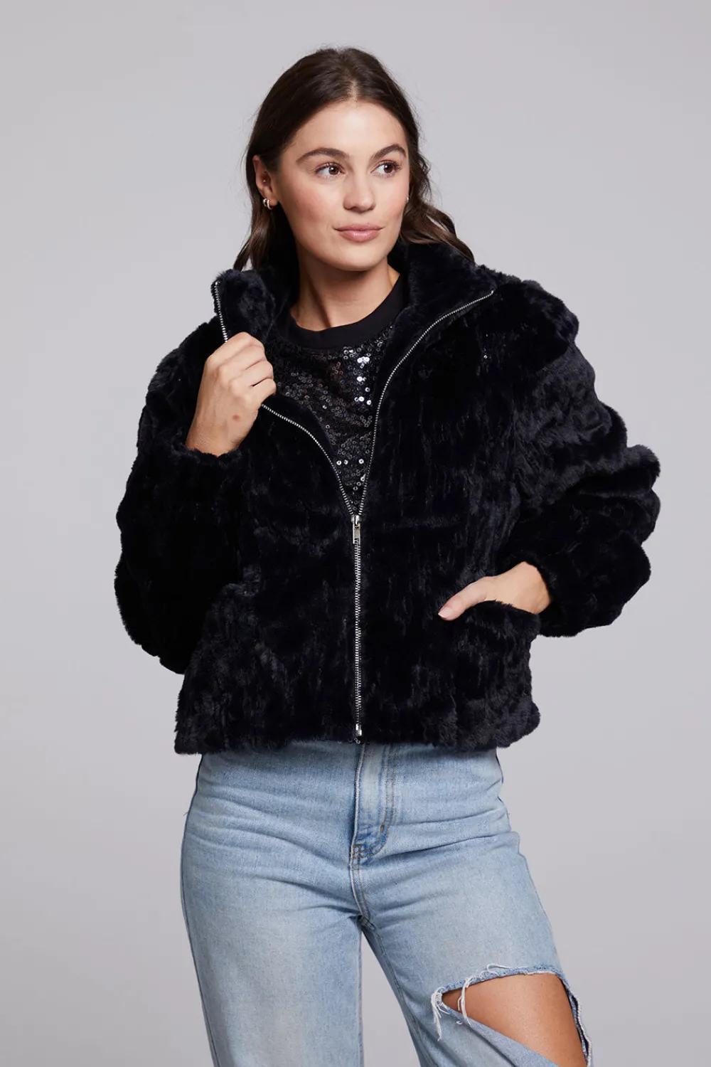 Cheap Sequin Faux Fur Puff Sleeve Jacket Women Outerwear|Loungewear