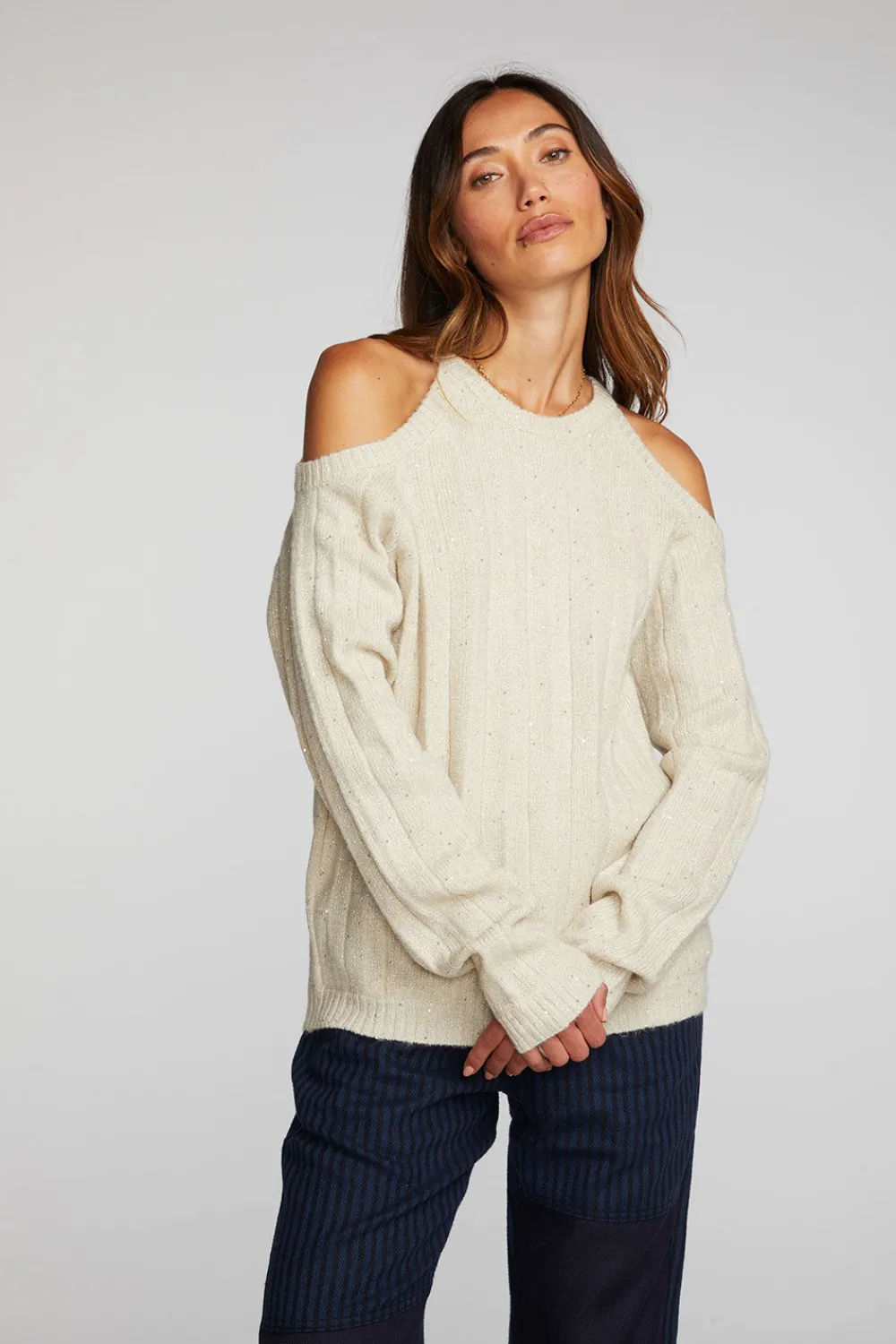 Hot Sequin Knit Cold Shoulder Sweater Women Outerwear|Loungewear