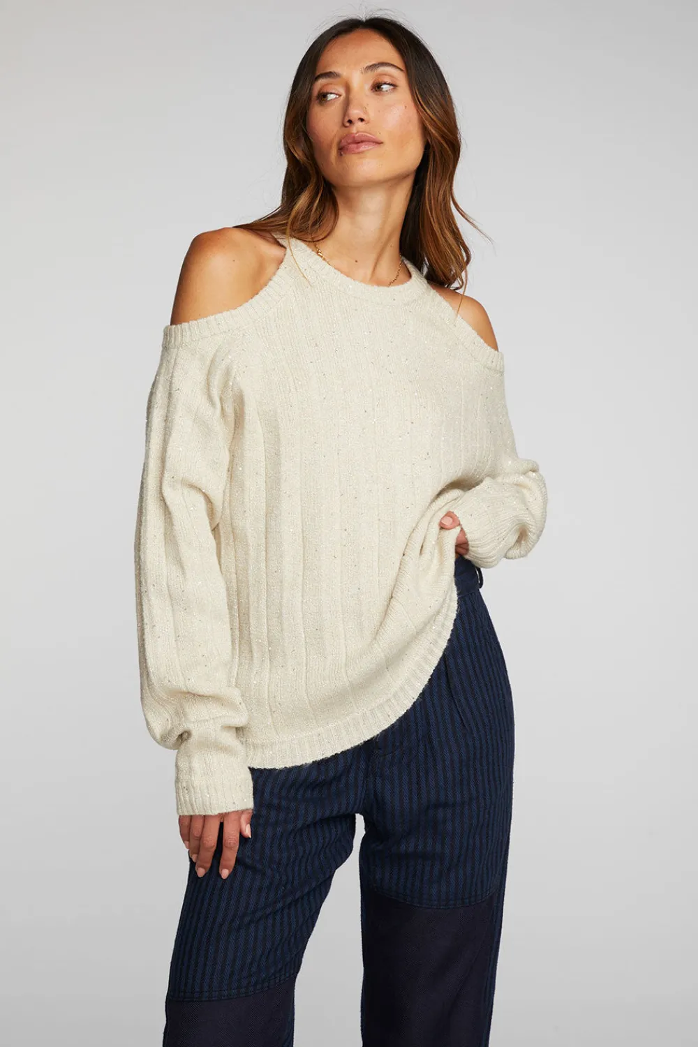 Hot Sequin Knit Cold Shoulder Sweater Women Outerwear|Loungewear
