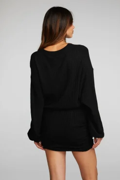 New Thermal Waffle Mini Dress With Shirring Women Loungewear|Dresses