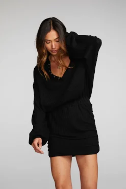 New Thermal Waffle Mini Dress With Shirring Women Loungewear|Dresses