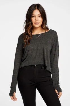 Shop Triblend Jersey Cropped Open Neck Long Sleeve Thumbhole Tee Women Tops