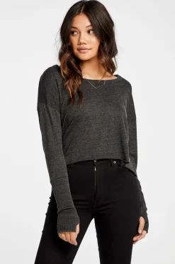 Shop Triblend Jersey Cropped Open Neck Long Sleeve Thumbhole Tee Women Tops