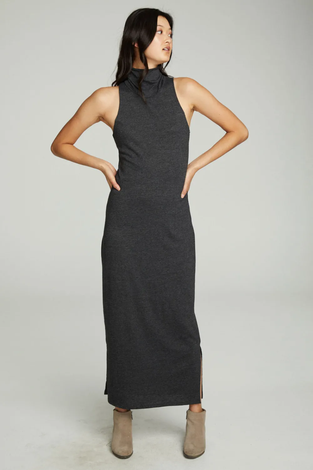 Fashion Turtle Neck Tank Maxi Dress With Side Slits Women Dresses