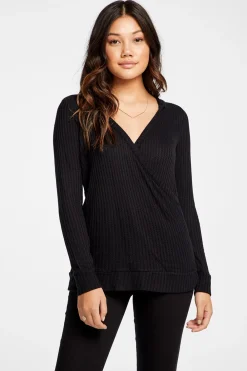 Store Vintage Thermal Hooded Surplice Pullover Women Tops