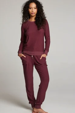 Best Sale Wine Red Long Sleeve Raglan Pullover Women Loungewear|Tops