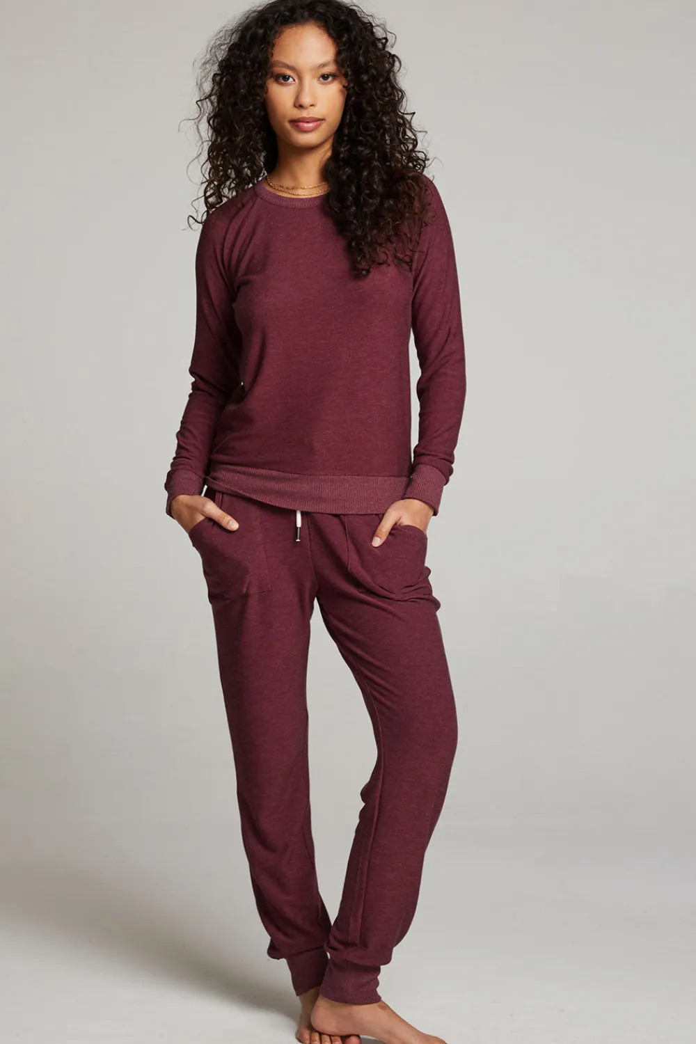 Best Sale Wine Red Long Sleeve Raglan Pullover Women Loungewear|Tops