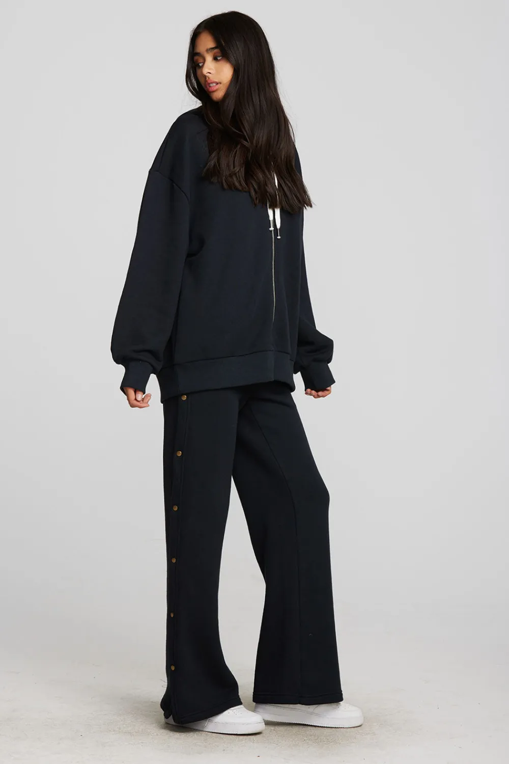 New Zuma Cotton Terry Wide Leg Joggers With Button Side Seam Women Loungewear|Bottoms